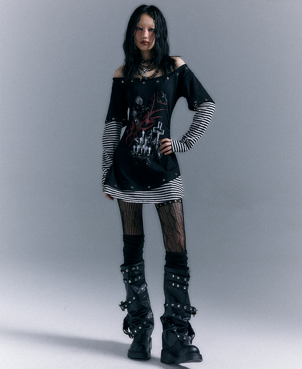 Light Punk Stripe Long Sleeve Graphic Waist-Cinching T-Shirt Dress
