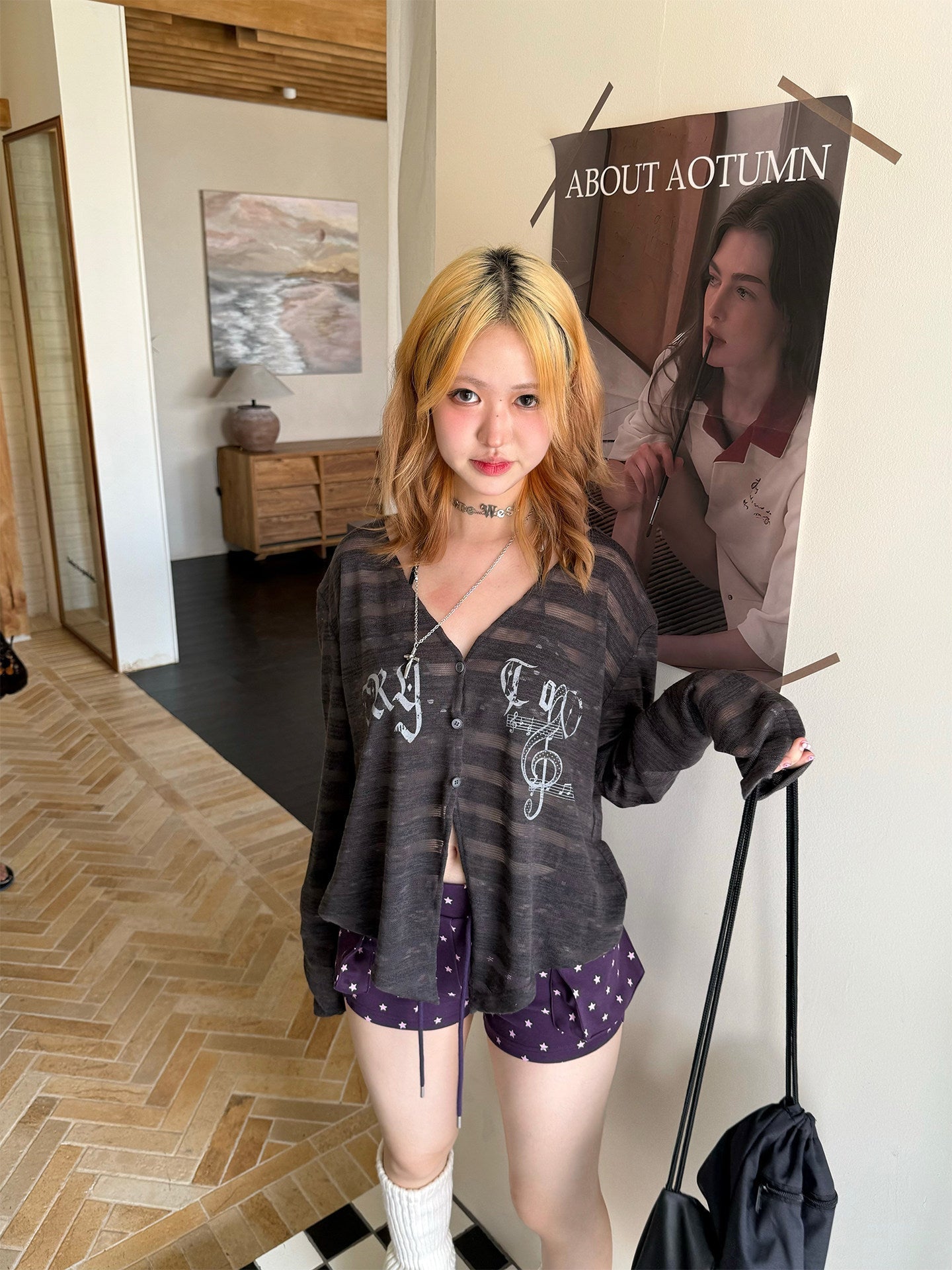 Striped Note Print Star Print Cardigan
