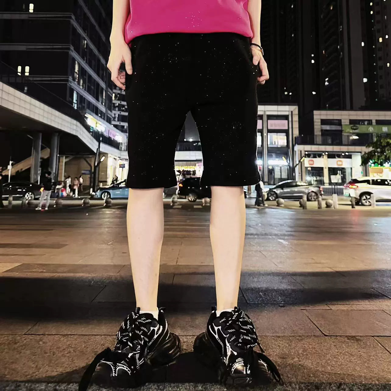 Rhinestone Star Terry Elastic Waist Short Pants