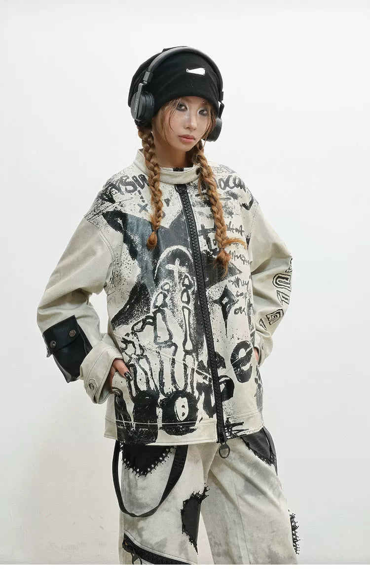 Damage Print Thick PU Leather Jacket