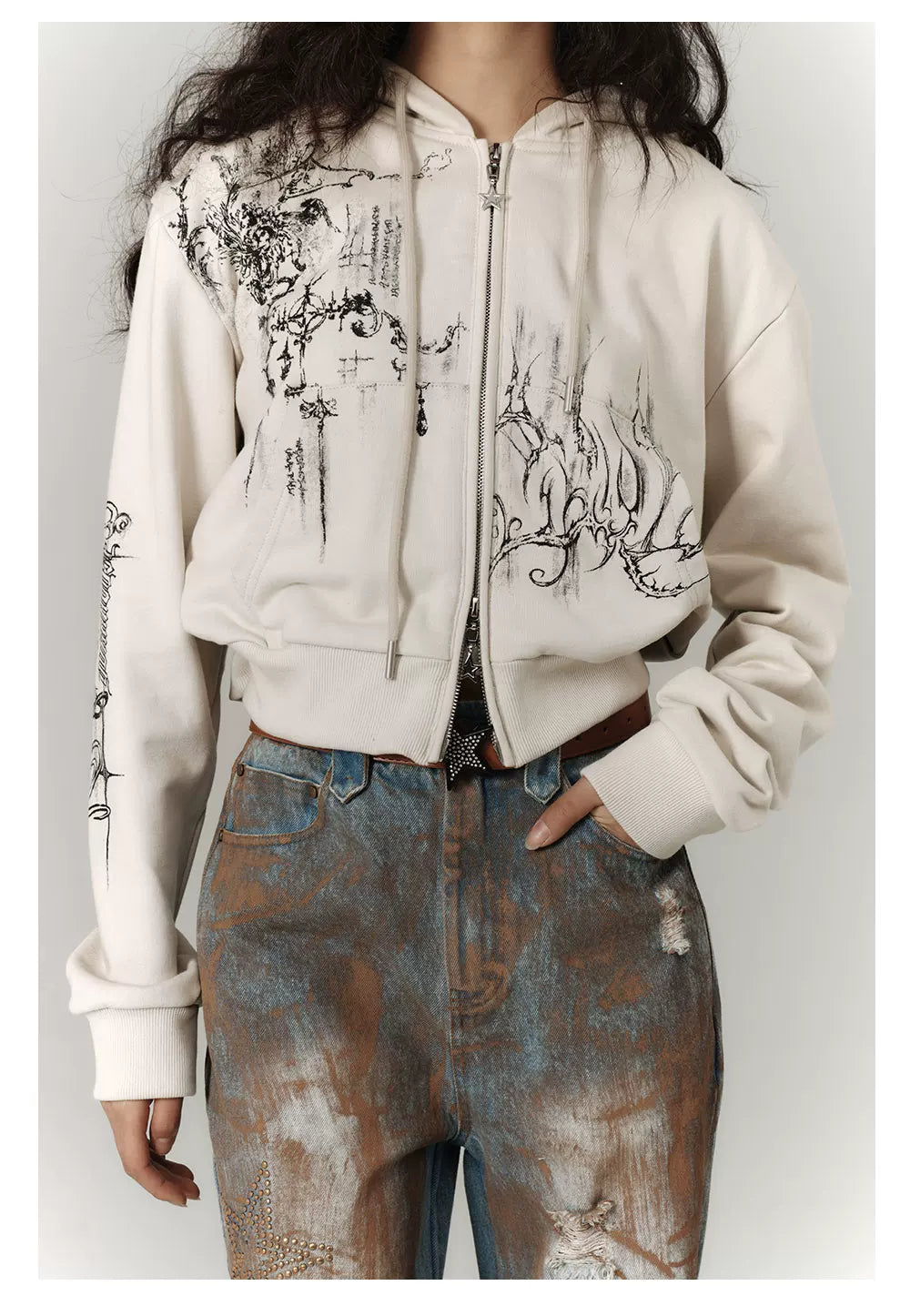 Cropped Graphic Print Zipper Hoodie
