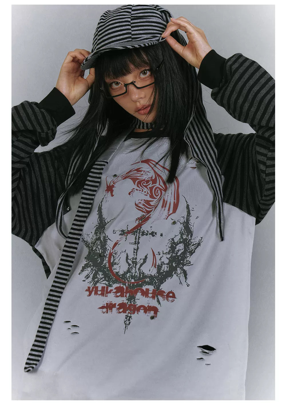 Raglan Stripe Damage Patchwork Long Sleeve T-Shirt