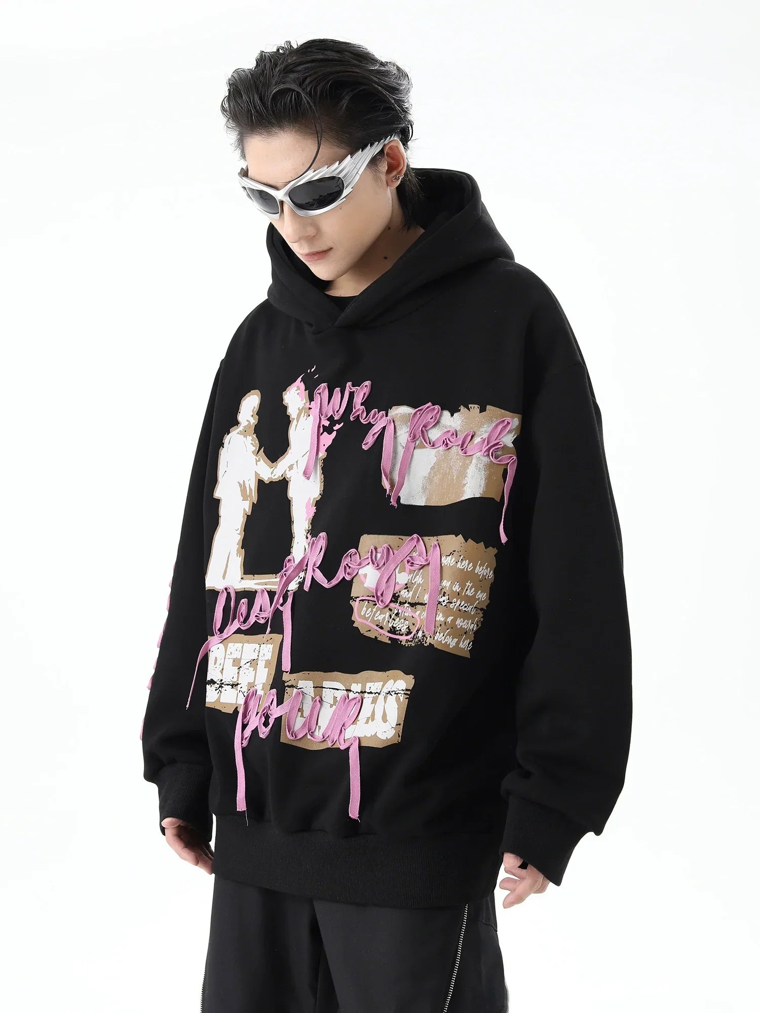 Felpa oversize con cappuccio e motivo a nastro