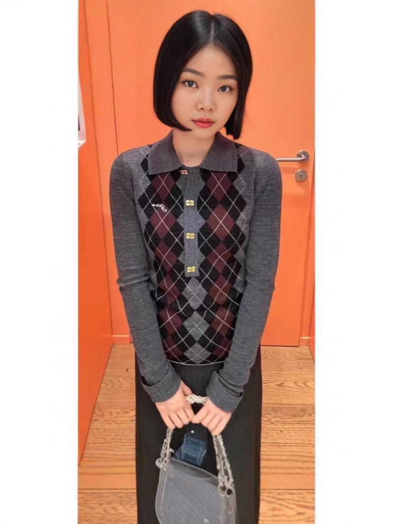 V-neck Knitted Rhombus Pattern Sweater