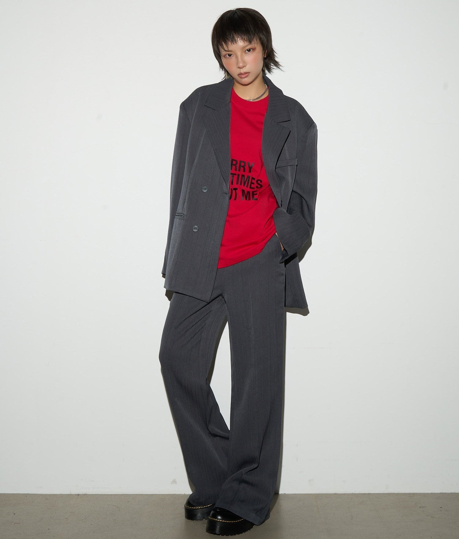 Shoulder-Pad Draped Tailored Jacket & Trousers Setup