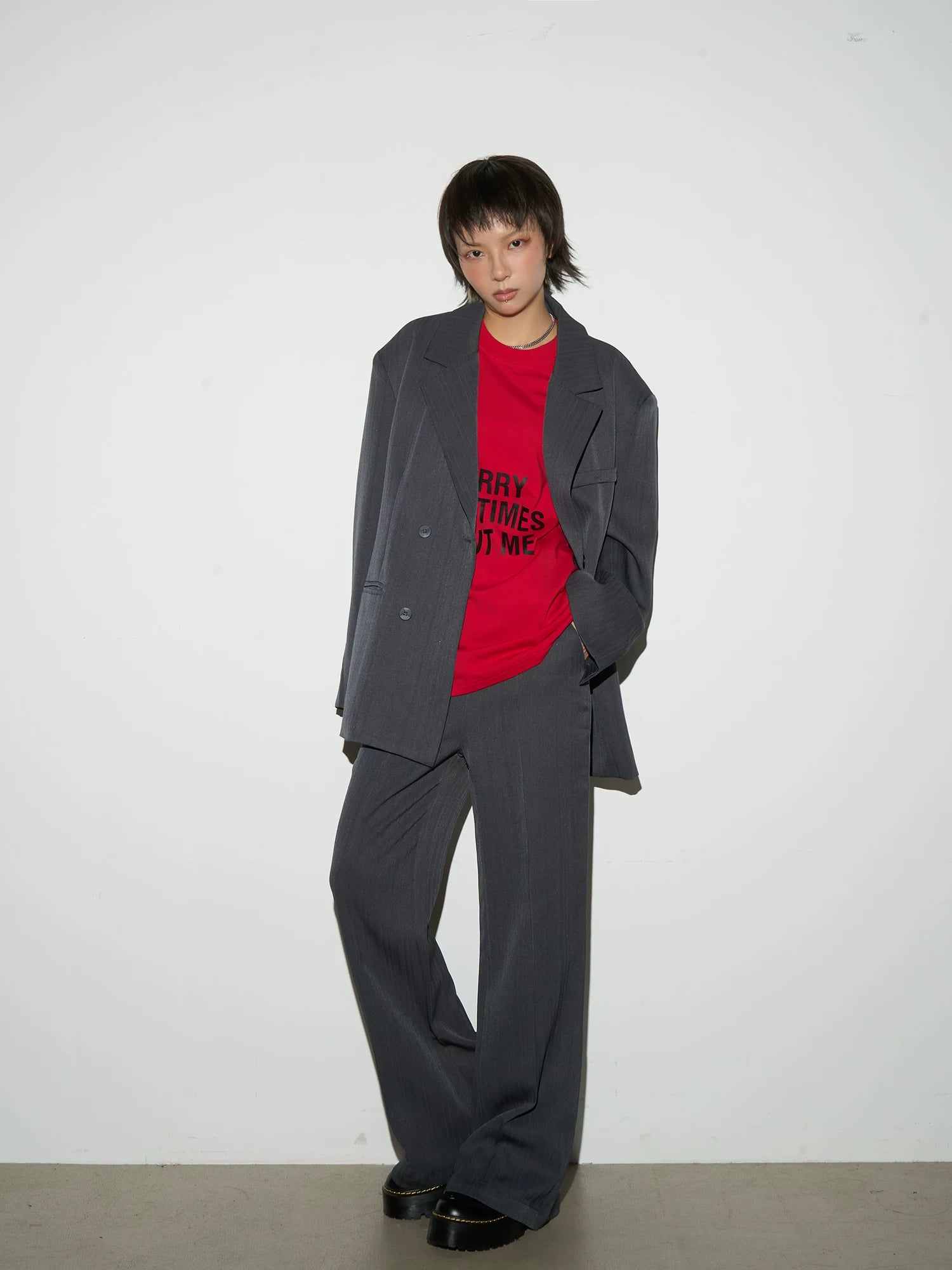 Shoulder-Pad Draped Tailored Jacket & Trousers Setup