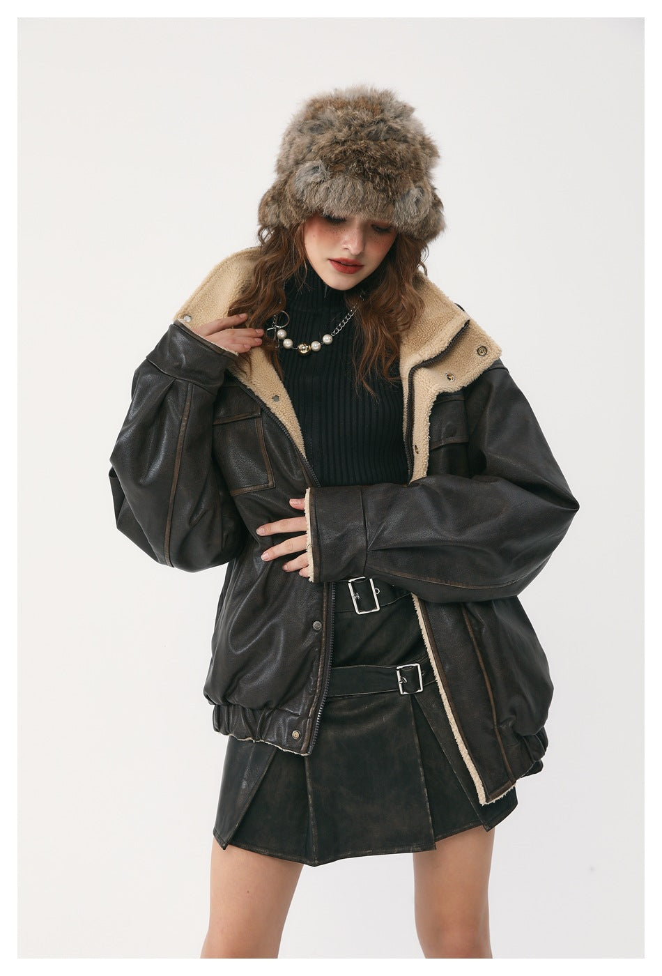 Veste unisexe vintage doublée de laine et de cuir