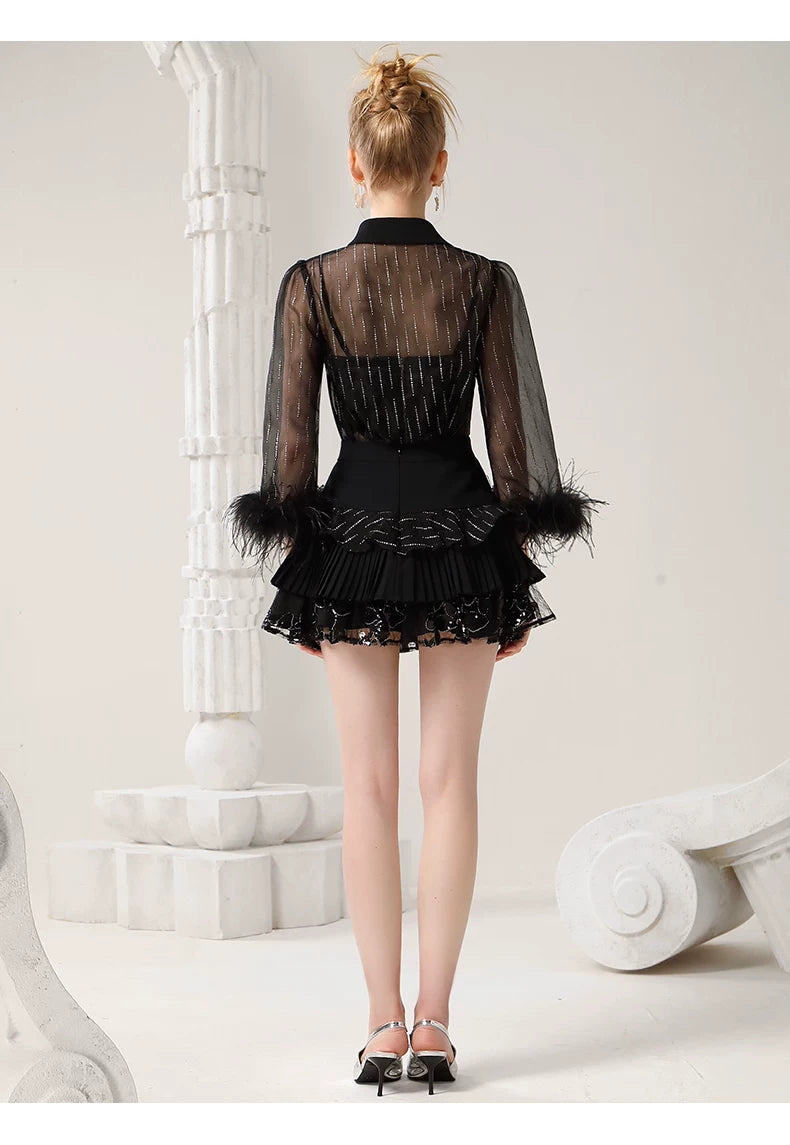 Sheer Shirt & Camisole & Layered Skirt Setup
