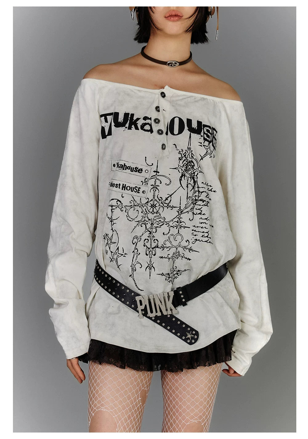 Off-Shoulder Graphic Print Button Long Sleeve T-Shirt