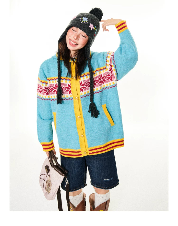Contrast Pattern Hooded Knit Cardigan