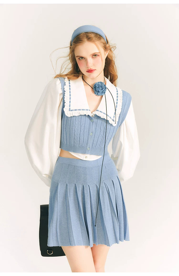 Button Knit Vest & Knit Pleated Skirt Setup