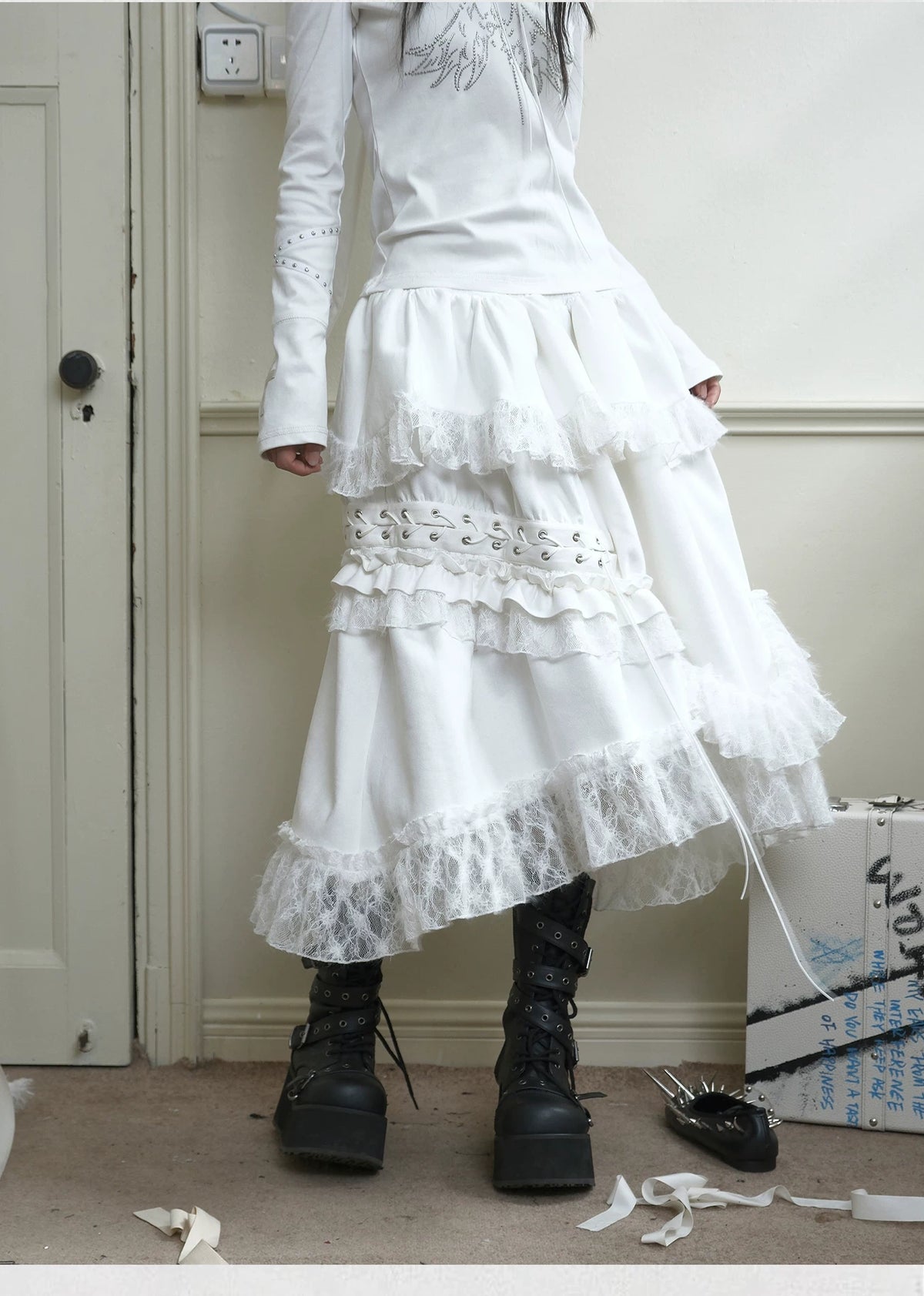 Suede Lace Asymmetrical Tie-Up Layered Long Skirt