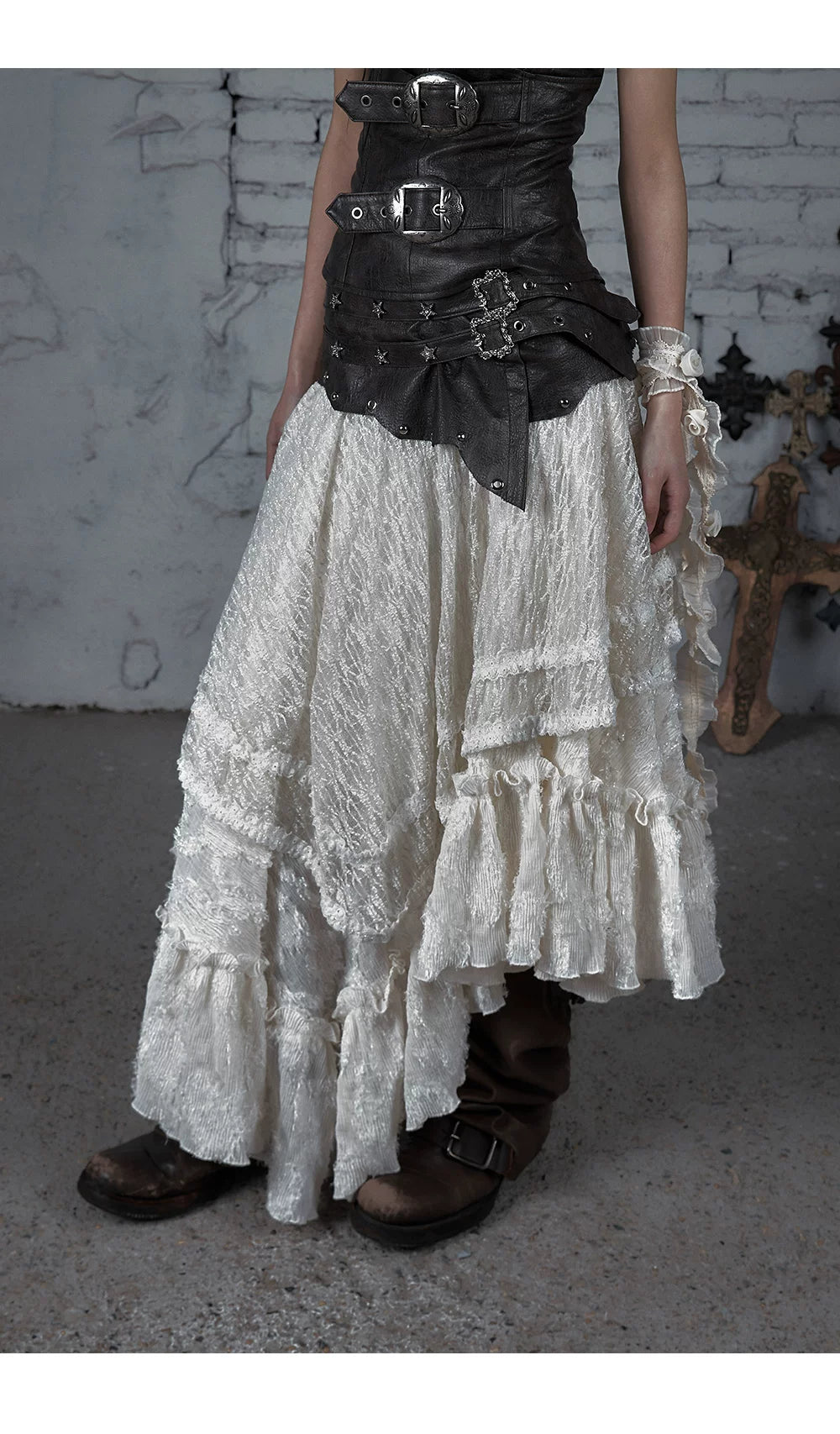 Asymmetric Lace Layered Belt Detail Skirt