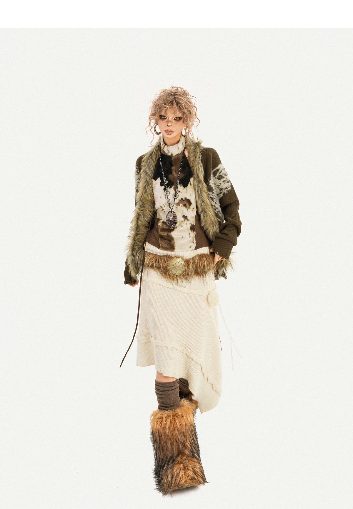 Original Design Batwing Sleeve Fake Fur Collar Knit Cardigan