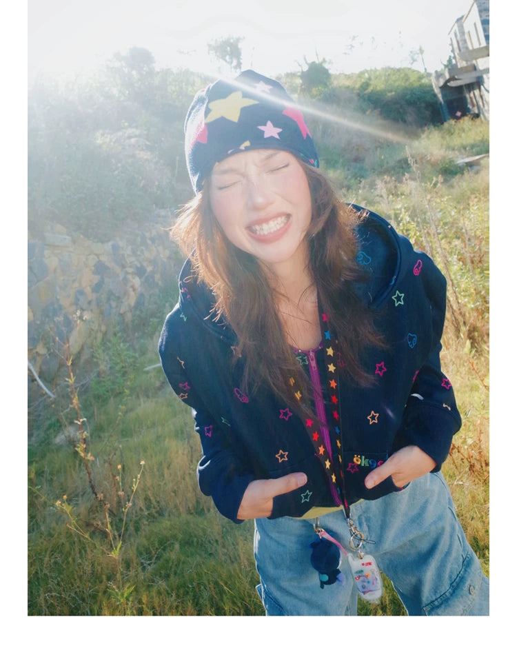 Star Print Fleece Zipper Hoodie