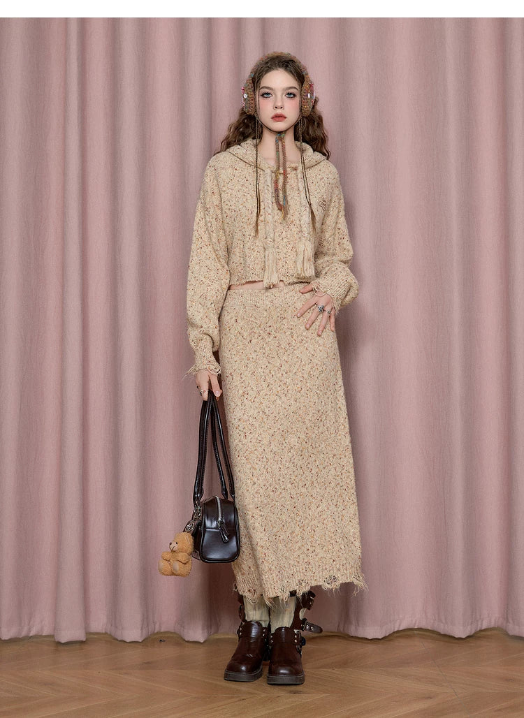 Textured Hooded Knit Sweater & Long Knit Skirt Setup