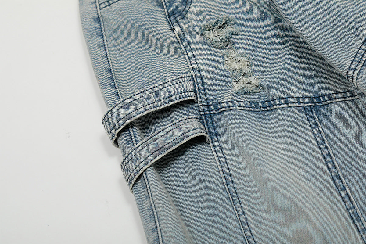 Washed Curved Multi Pocket Wide Leg Cargo Denim Jeans