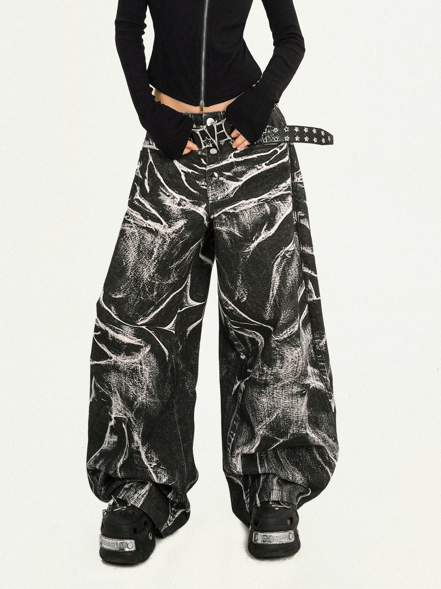 Ripple Pattern Design Wide Leg Denim Jeans