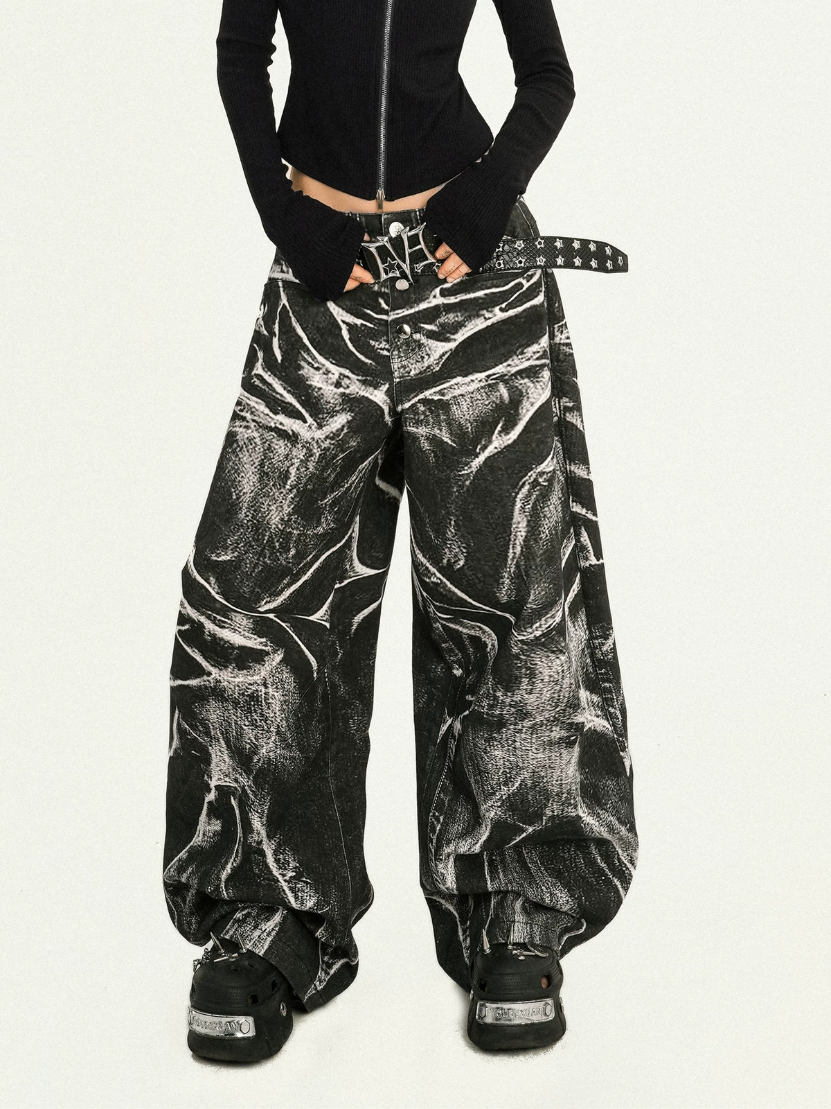 Ripple Pattern Design Wide Leg Denim Jeans