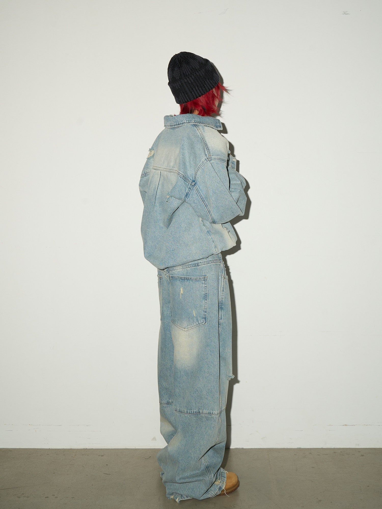 Ripped Damage Denim Jacket &wide Leg Denim Jeans Setup