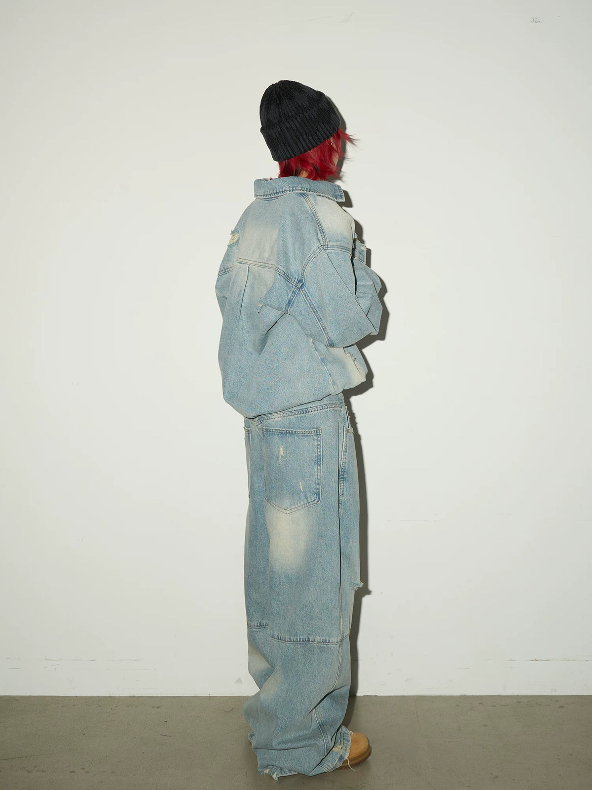 Ripped Damage Denim Jacket &wide Leg Denim Jeans Setup