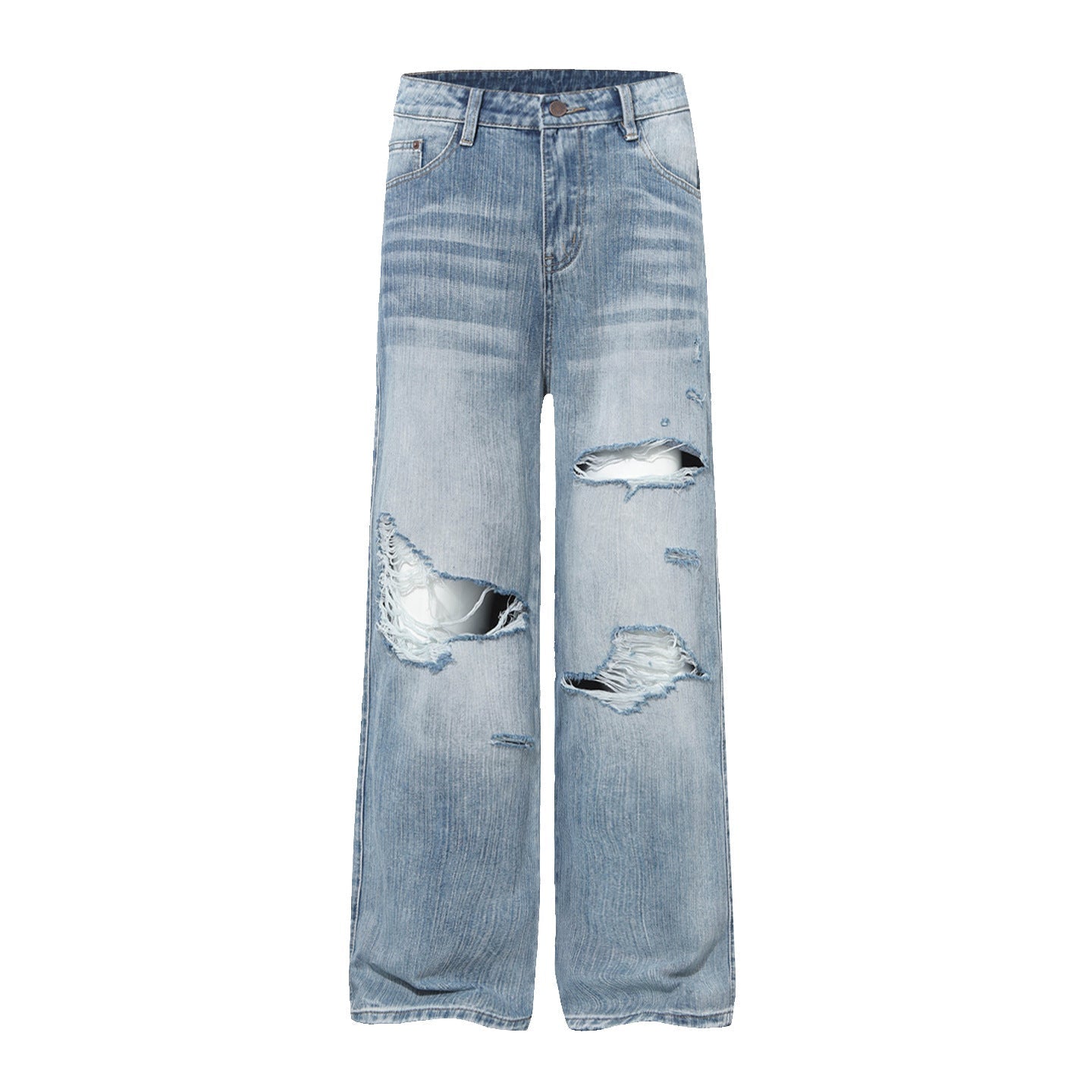 Damage Whisker Washed Wide Leg Denim Jeans