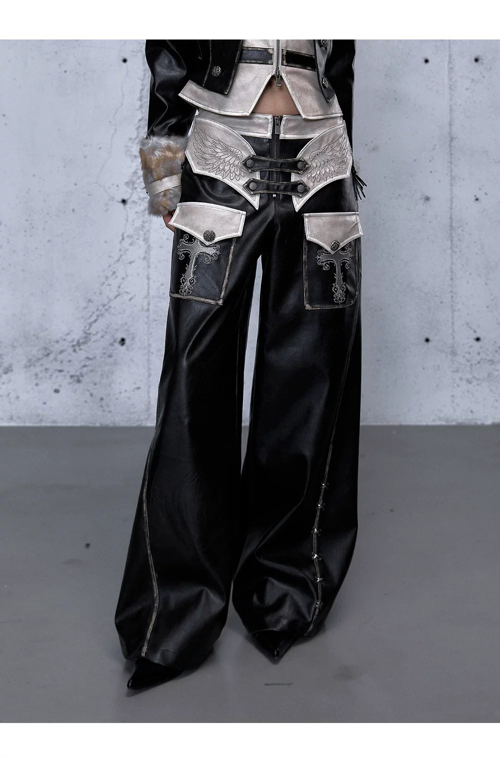 Lace Panel Buckle Detail Wide Leg PU Leather Pants