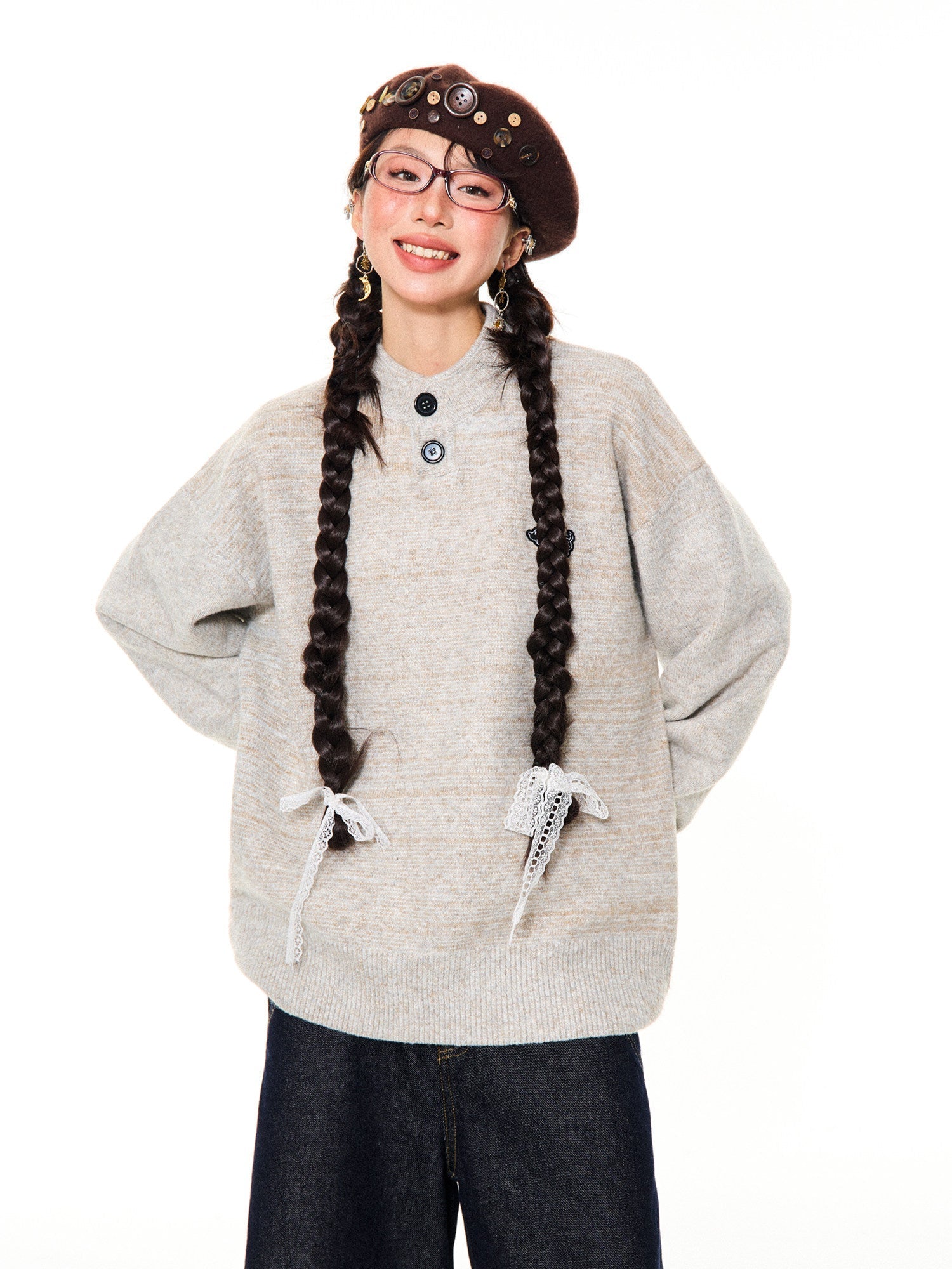 Button-Detail Stand Neck Knit Sweater