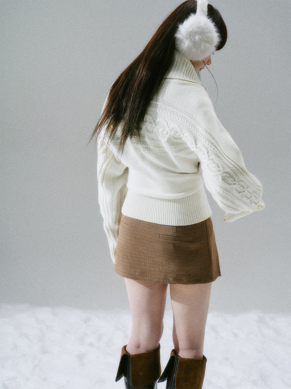 Ribbed Cowl Neck Cable Sleeve Knit Sweater