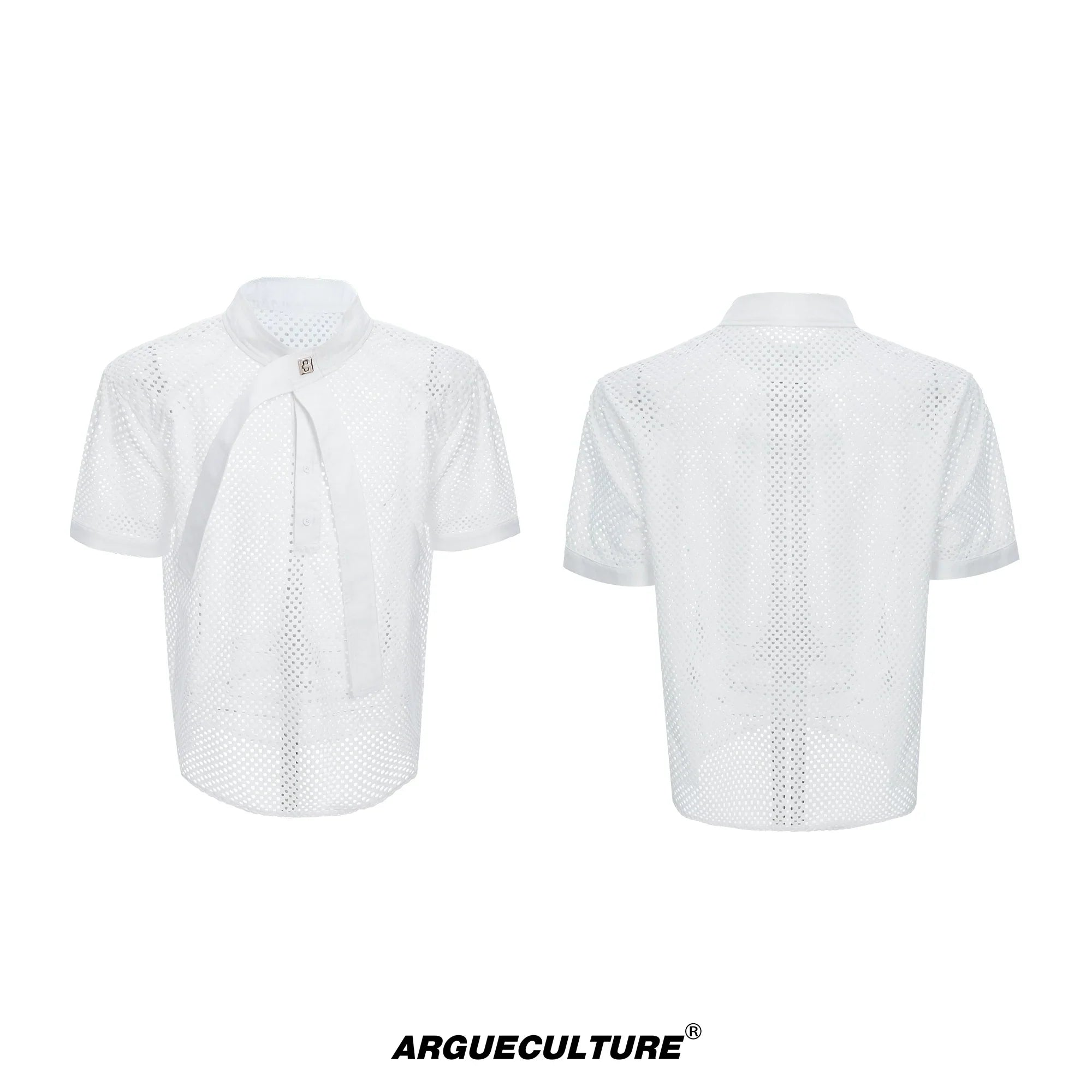 Knit Mesh Necktie Patchwork Short Sleeve Shirt