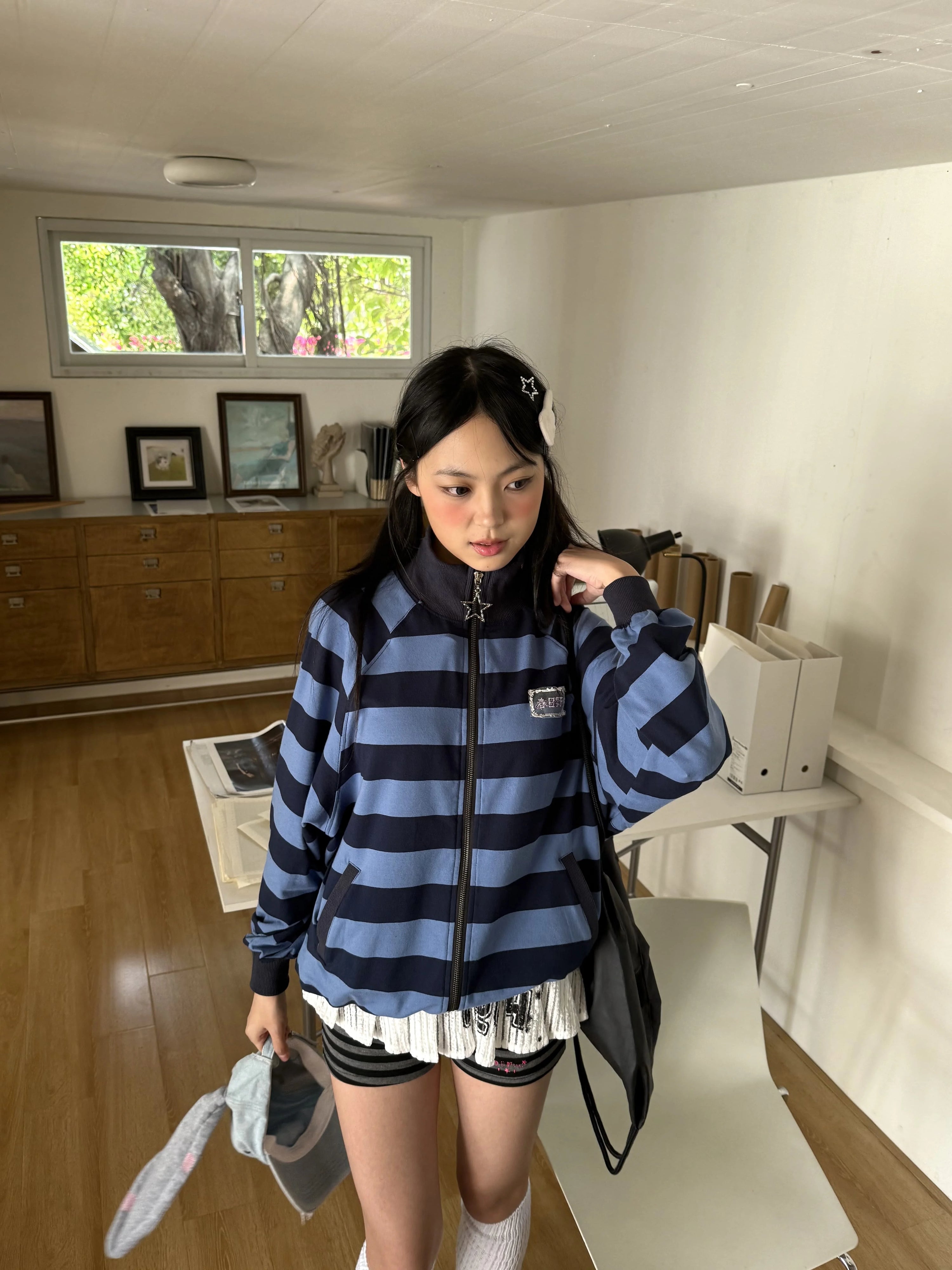 Striped Oversize Stand Collar Zipper Jacket