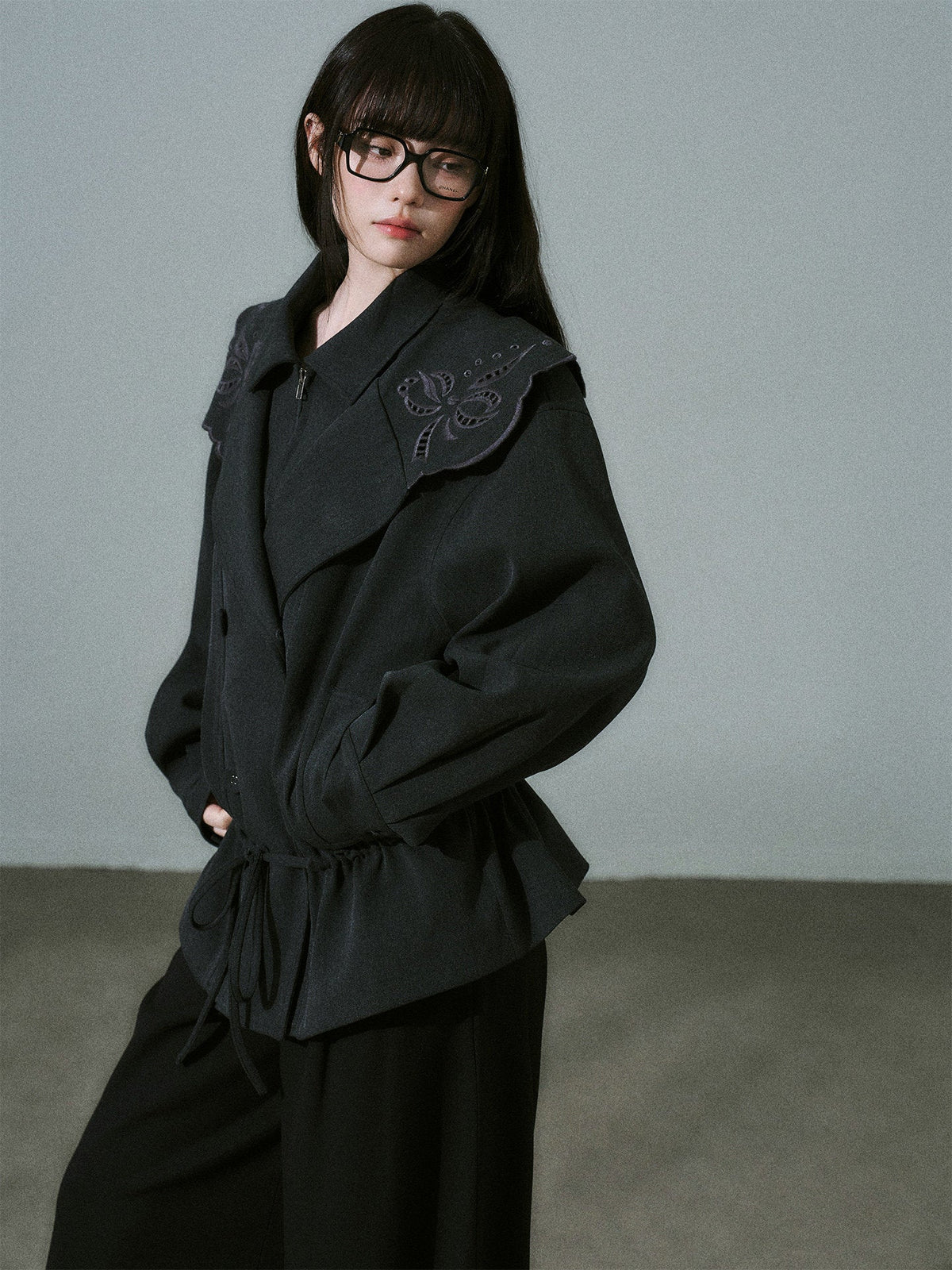 Embroidery Collar Drawstring Waist Double-Breasted Jacket