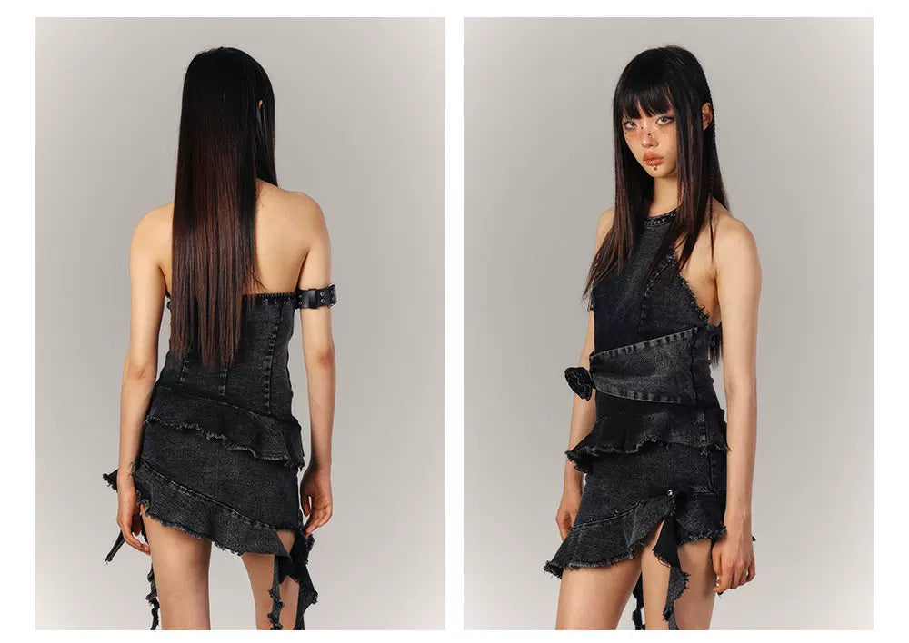 Asymmetrical Halter Denim Sleeveless Dress