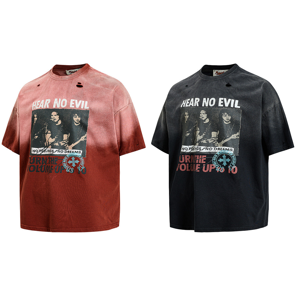 Washed Damage Portrait Print Short Sleeve T-Shirt