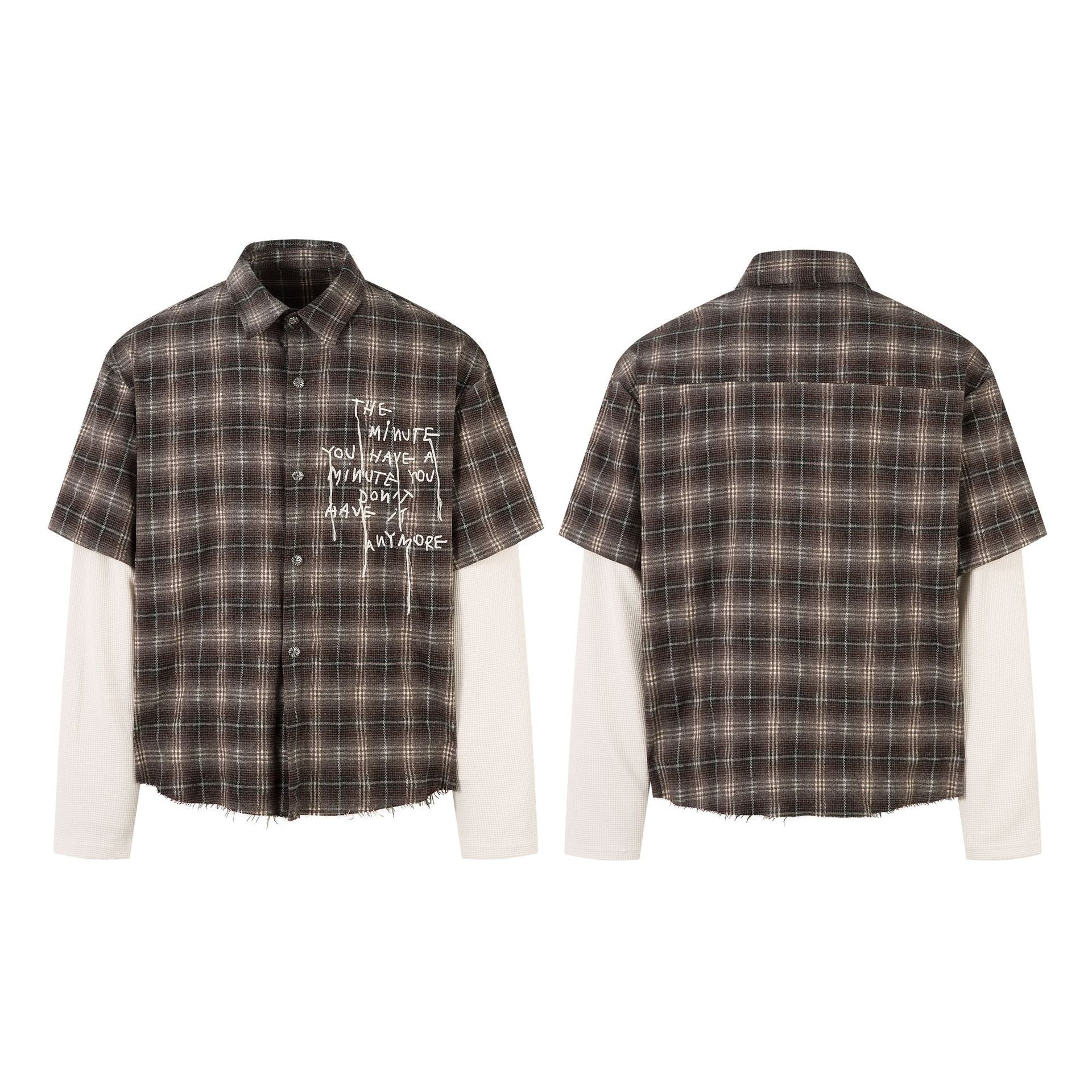 Plaid Letter Embroidery Fake Layered Long Sleeve Shirt