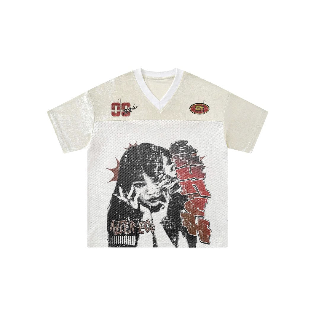 Street Stitching Mesh Character Print T-shirt - MADXMARX