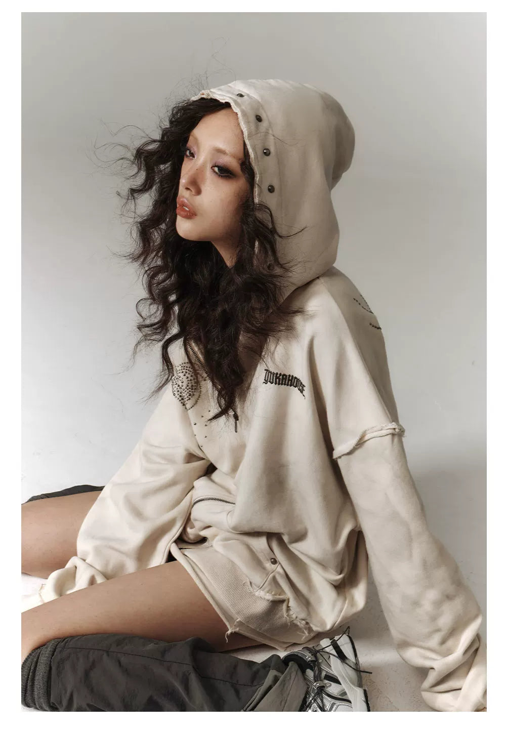 Washed Damage Oversize Zipper Hoodie & Short Skirt & Wide Leg Pants Setup