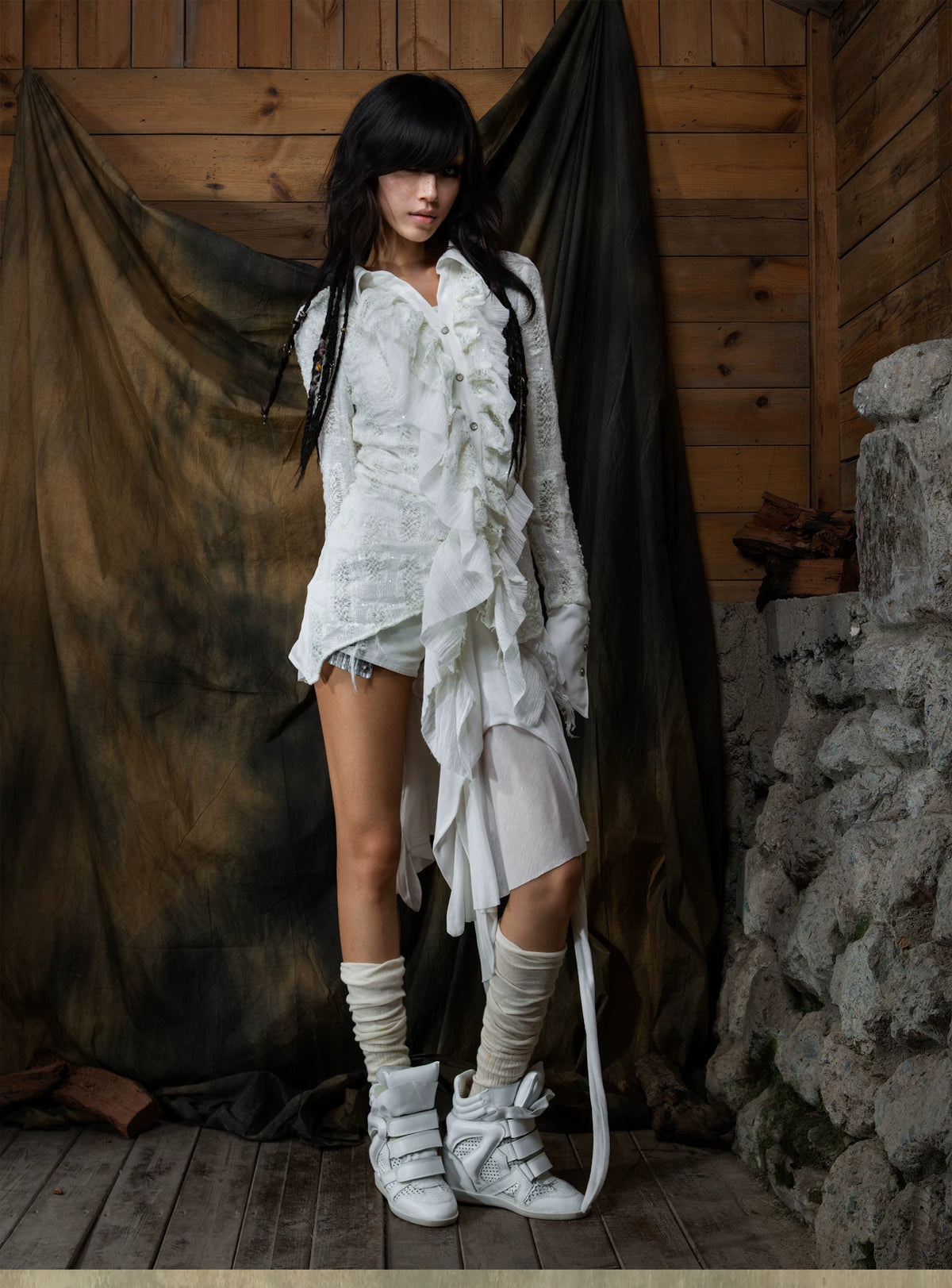 Original Punk Two-Tone Waist-Cinching Ruffle Asymmetric Shirt