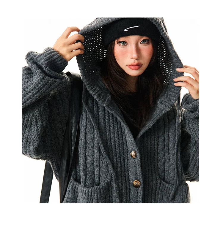 Hooded Button Oversize Cable Knit Cardigan