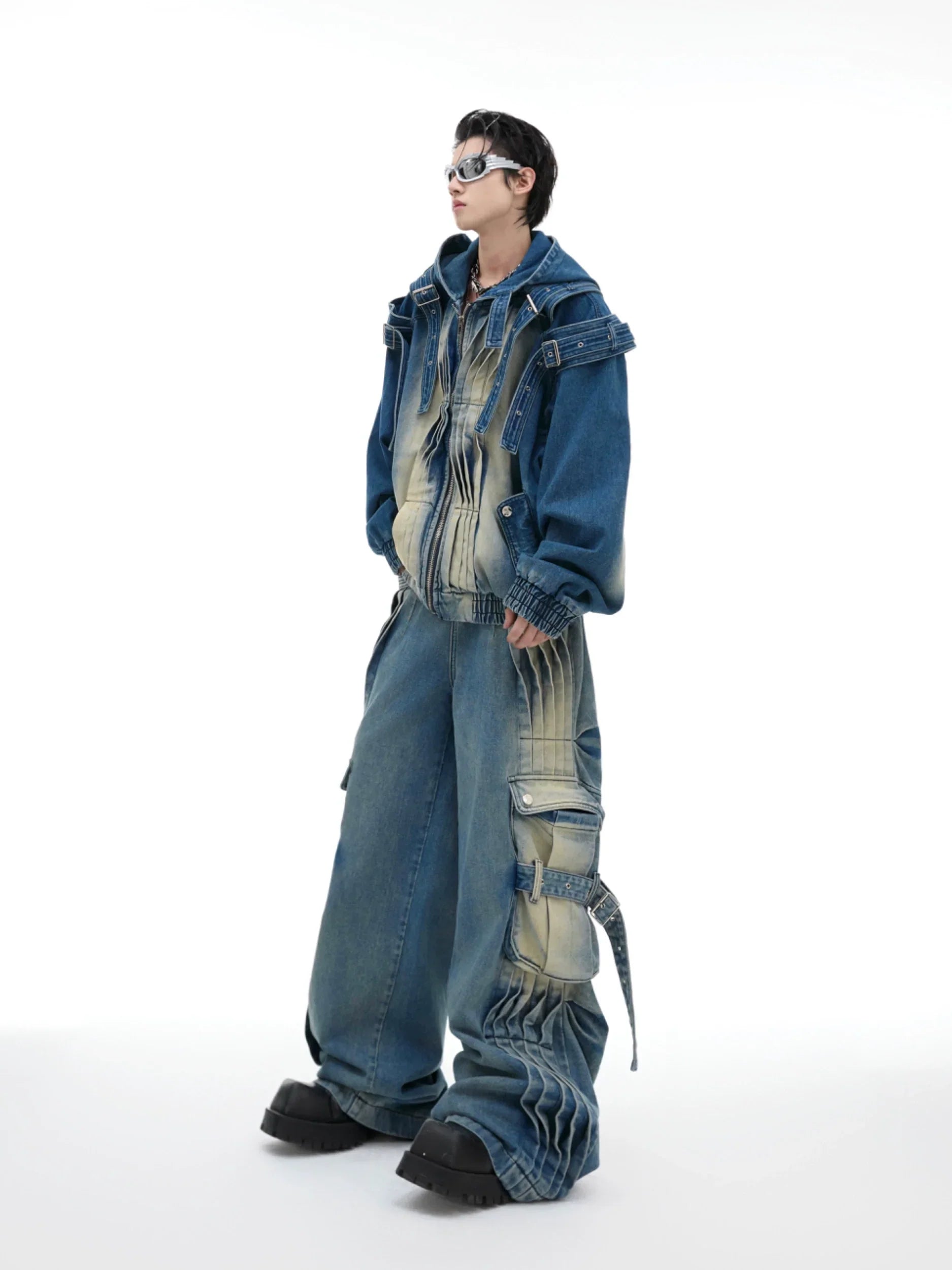 Heavyweight Zipper Denim Hooded Jacket & Wide Leg Denim Jeans Setup