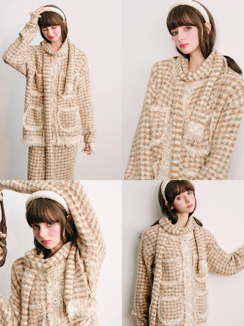 Plaid Button Cardigan & Scarf & Long Skirt Setup