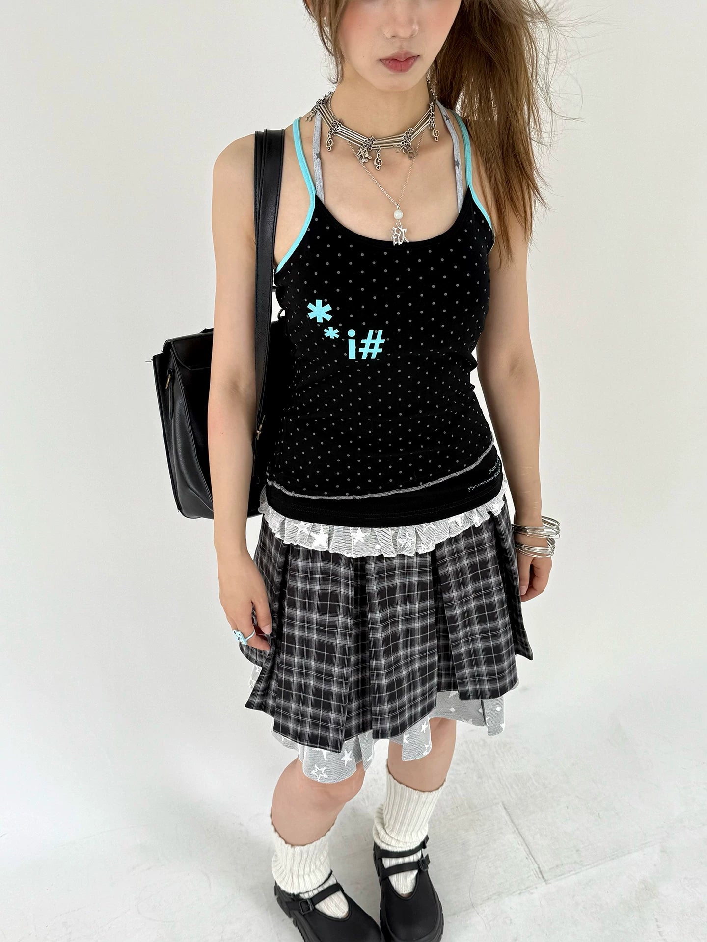 Plaid Lace Layered Star A-Line Short Skirt