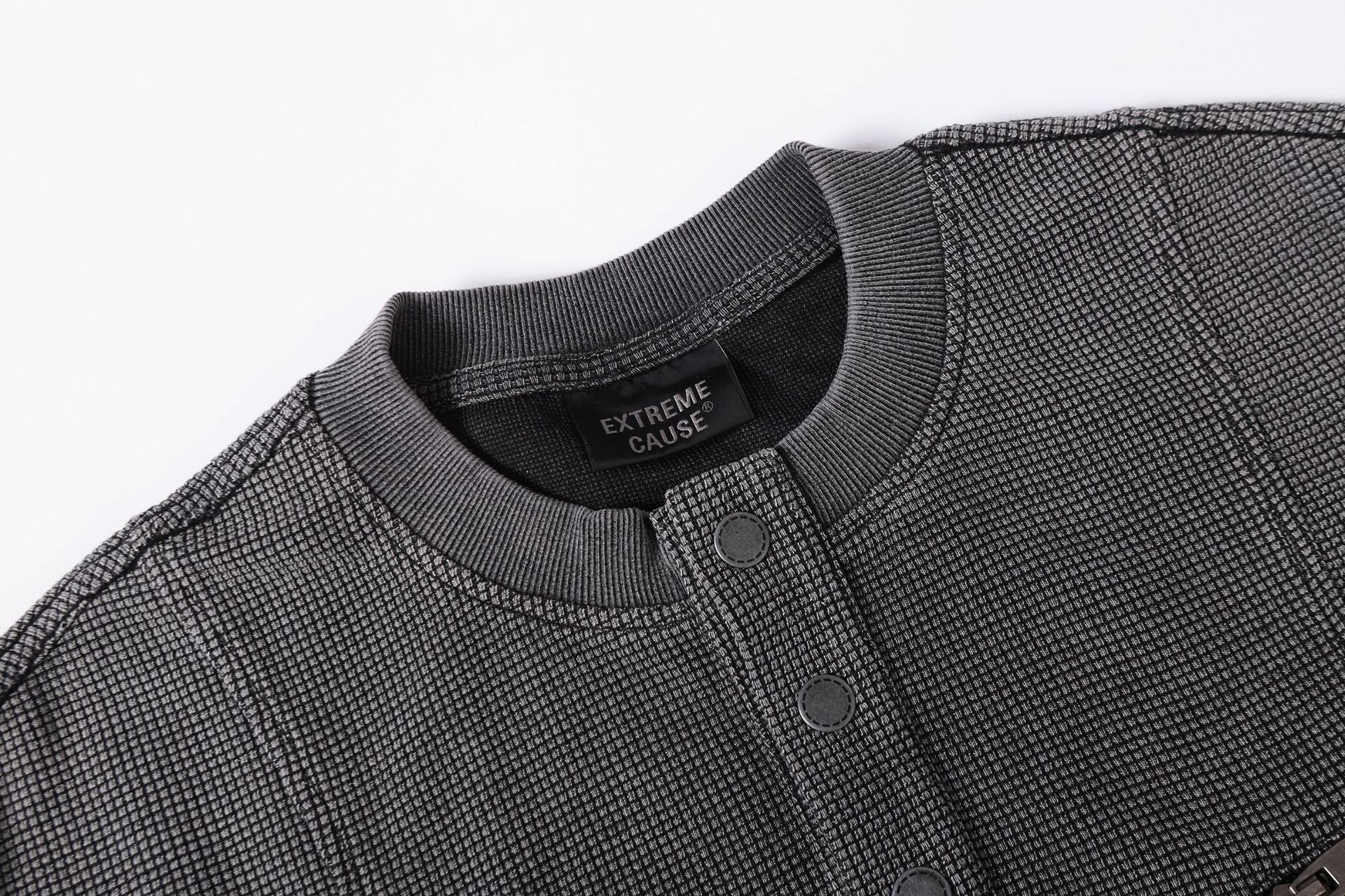 Half-Open Collar Check Wash Damage Short Sleeve T-Shirt