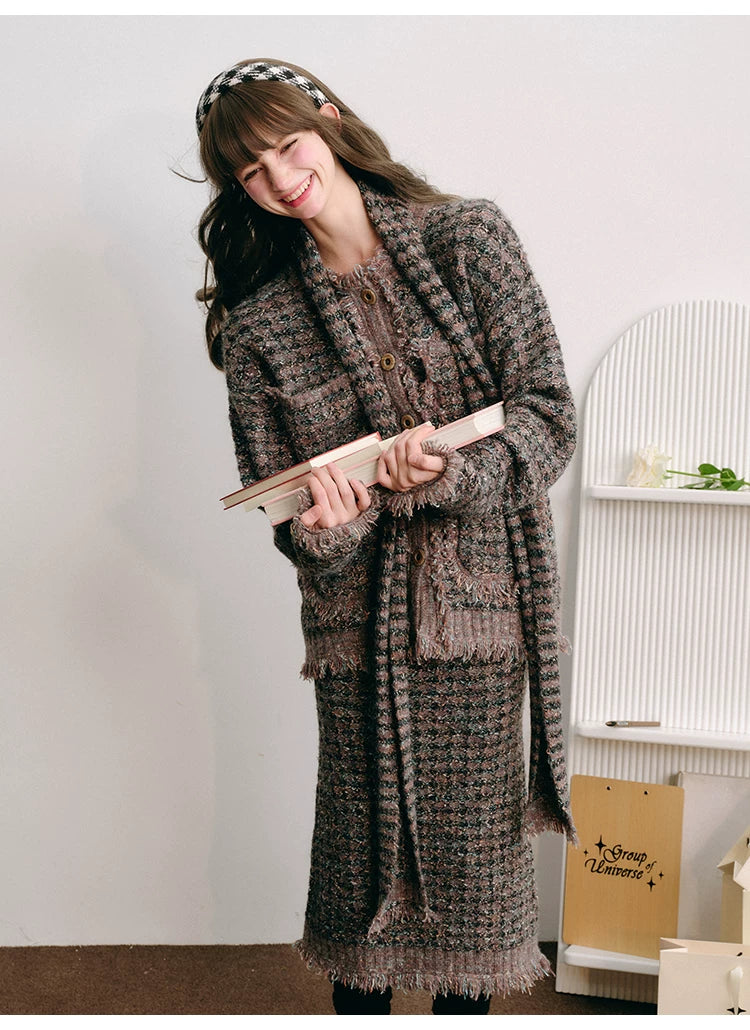 Plaid Button Cardigan & Scarf & Long Skirt Setup