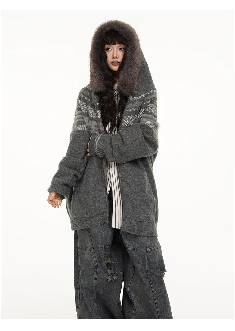 Fair Isle Hooded Detachable Fur Collar Knit Cardigan