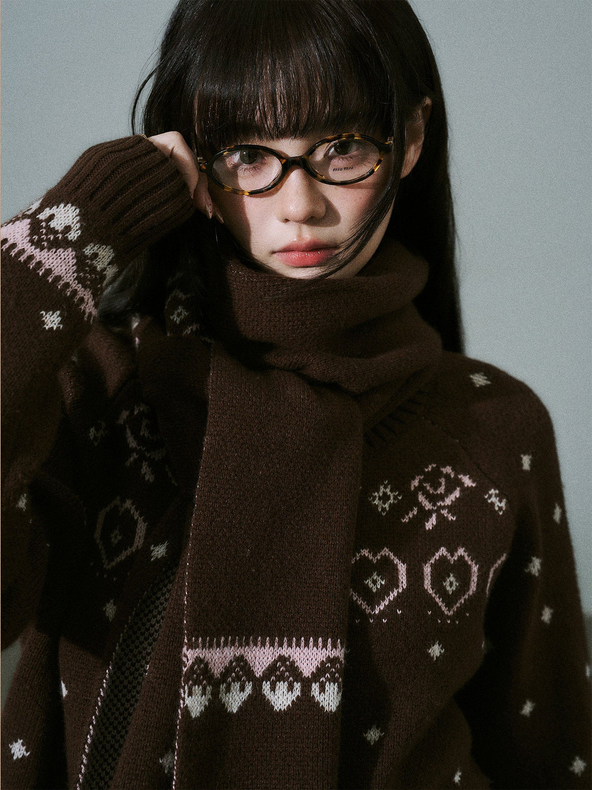 Fair Isle Pattern Wool Blend Scarf Knit Cardigan