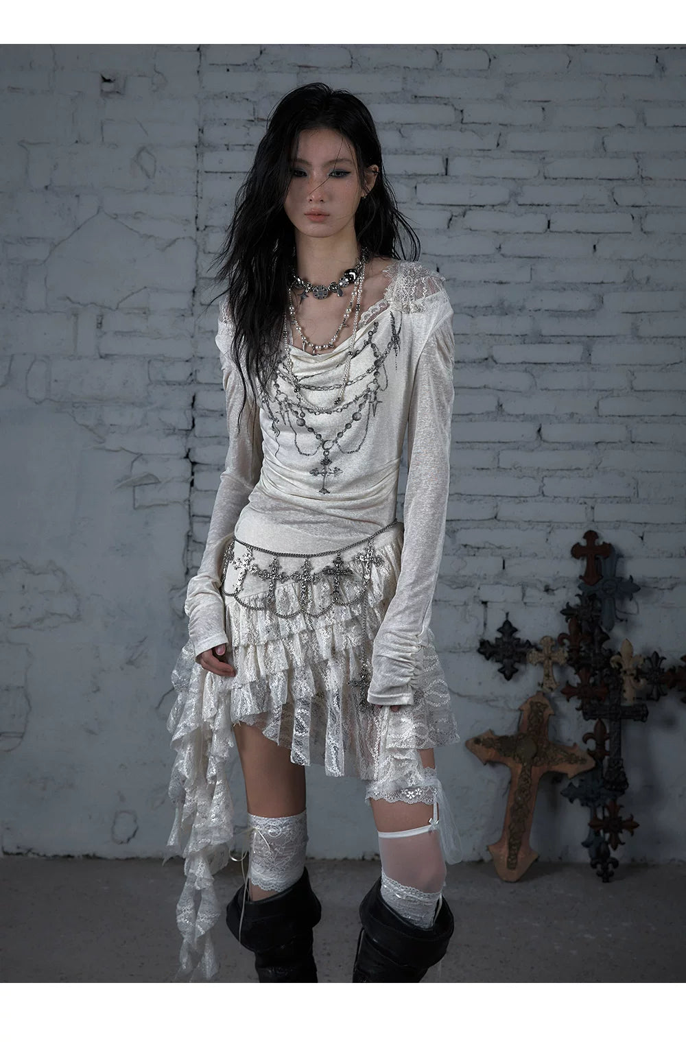 Lace Hooded Asymmetric Ruffle Dress