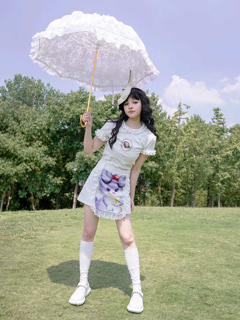 Graphic Print Lace Ruffle Skirt