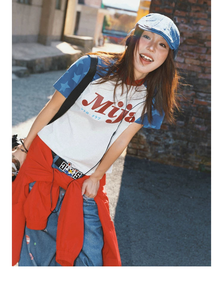 Raglan Sleeve Letter Print Fitted Short Sleeve T-Shirt