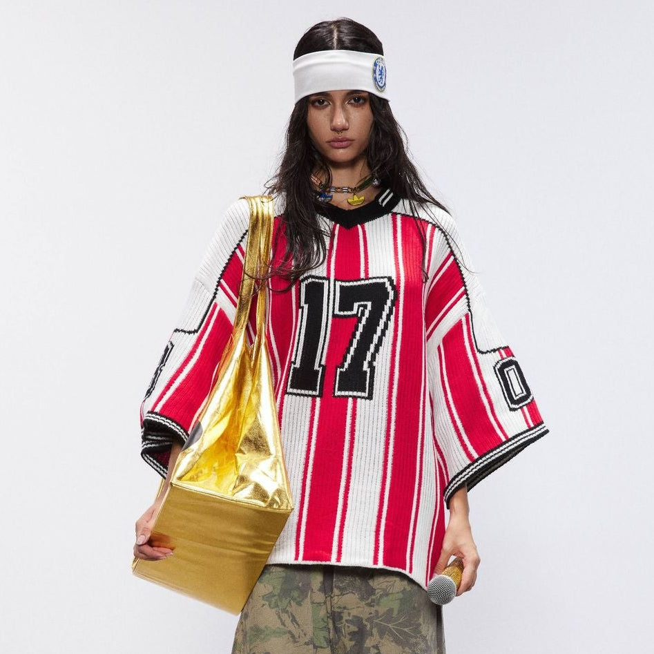 Number Stripe V-Neck Short Sleeve Knit T-shirt